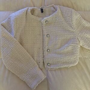 Cream White Textured Cropped Jacket